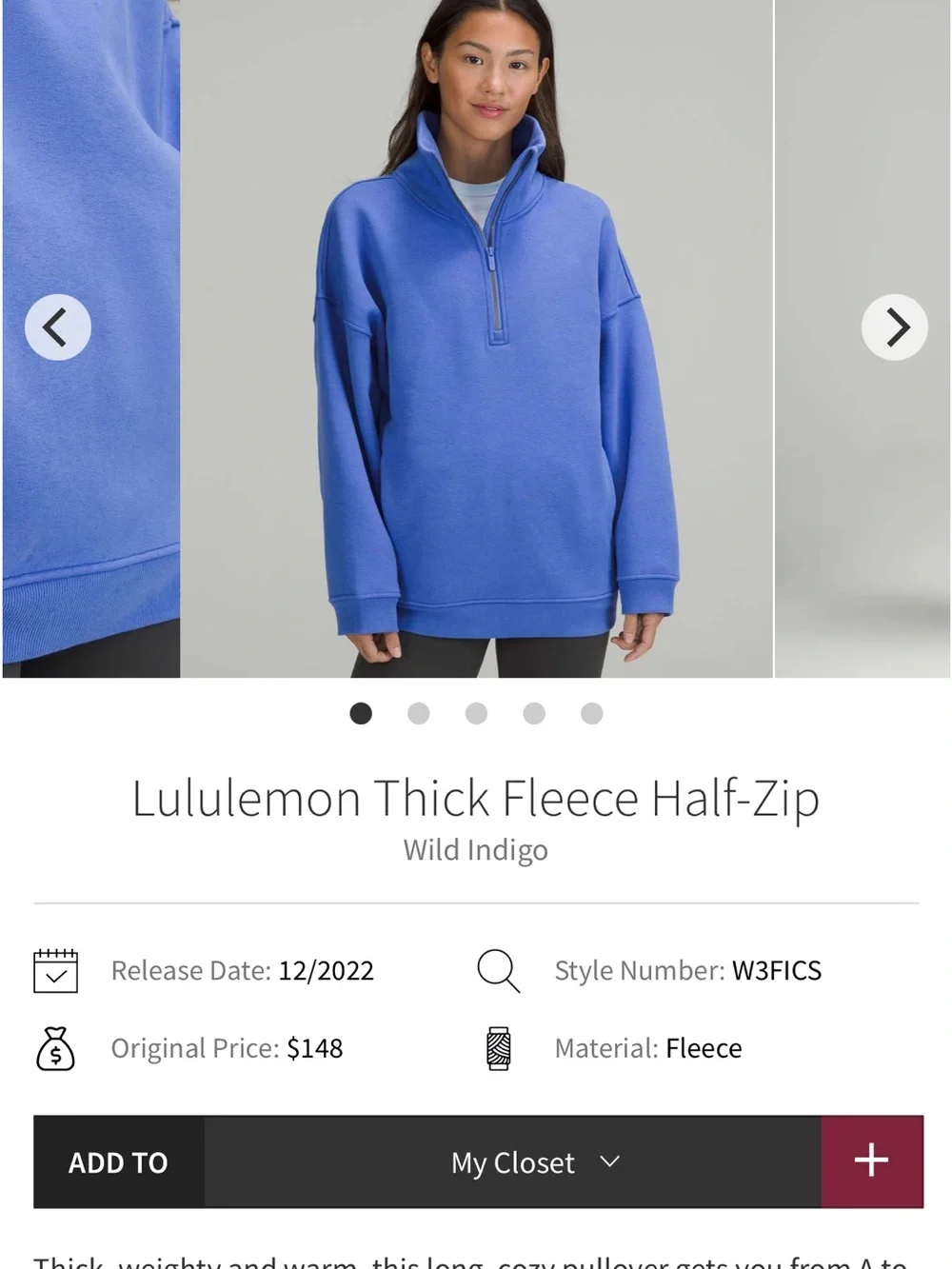 lululemon athletica Blue Wild Indigo Thick Fleece Half-Zip Pullover Size M/L